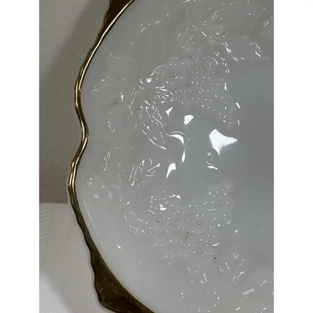 Anchor Hocking Milk Glass Harvest Grape Bowl w/ Gold Trim 9” Vintage